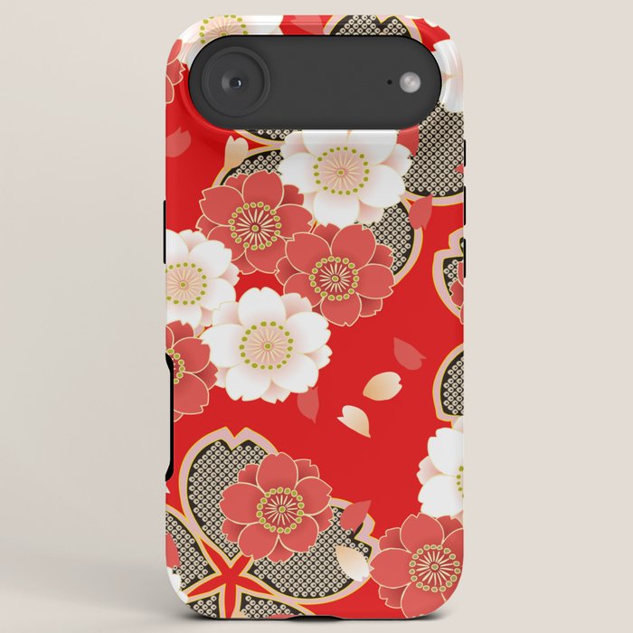 Japanese Vintage Red Black White Floral Kimono Pattern iPhone Case Gallery Image 6