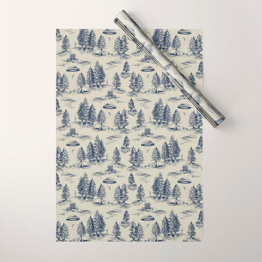 Alien Abduction Toile De Jouy Pattern in Blue Wrapping Paper Gallery Image 1