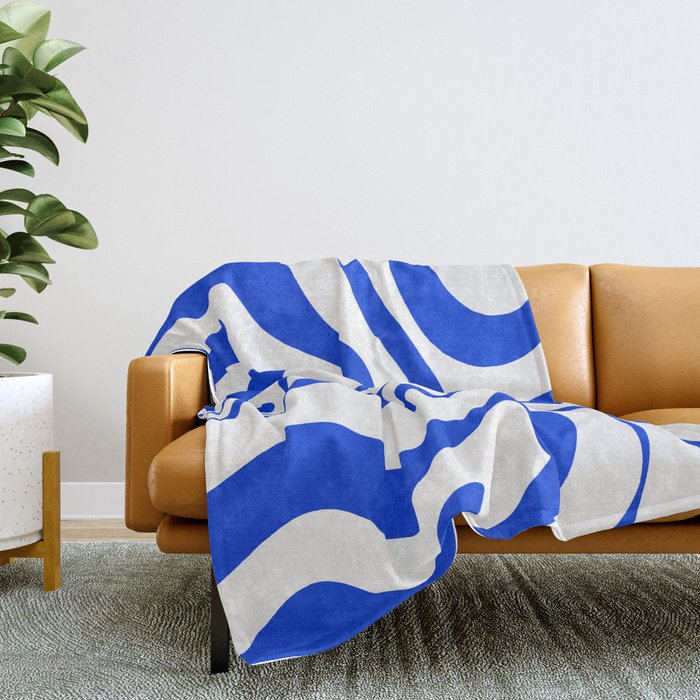 Retro Modern Liquid Swirl Abstract Pattern in Royal Blue and White Throw Blanket Gallery Image 2
