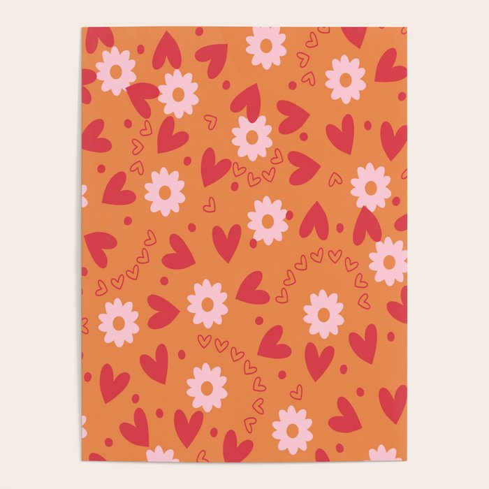 Hearts and Flowers on Orange Poster Gallery Image 1