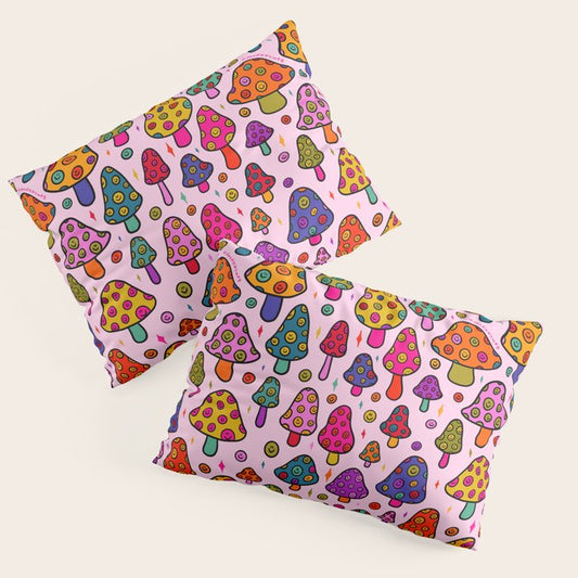 Smiley Mushrooms Print in Pink Pillow Sham Gallery Image 1