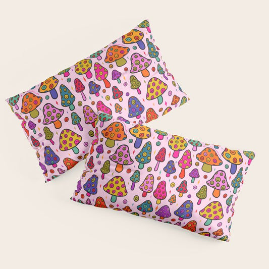 Smiley Mushrooms Print in Pink Pillow Sham Gallery Image 2