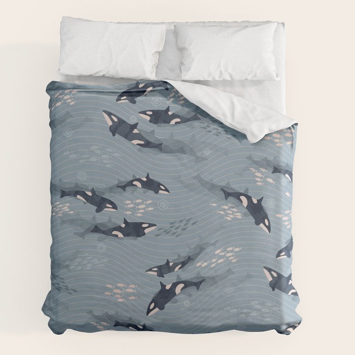 Orca in Motion / blue-gray ocean pattern Duvet Cover Gallery Image 7