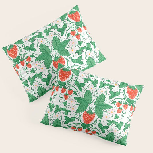 Fresh Strawberry Vine and Floral Pattern on White Pillow Sham Gallery Image 1