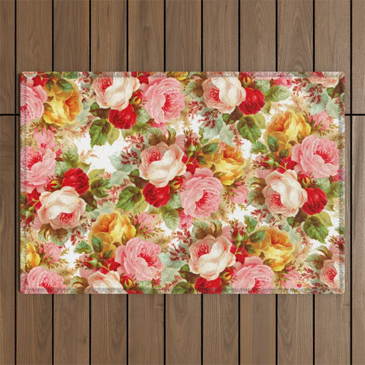 Boho chic pink yellow red roses floral vintage painting Outdoor Rug Gallery Image 1