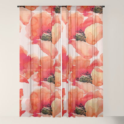 Abstract watercolor red orange pink poppies flowers Window Curtain Gallery Image 22