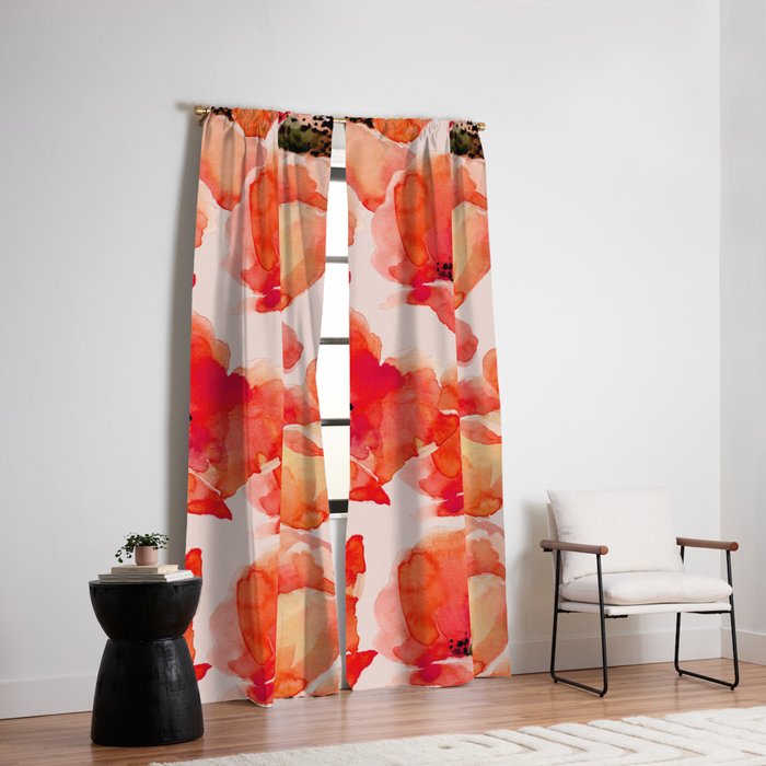 Abstract watercolor red orange pink poppies flowers Window Curtain Gallery Image 2