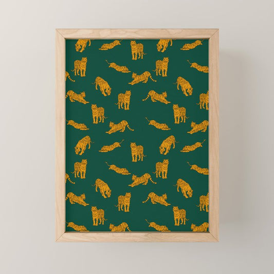 Animal Print - Tigers on Dark Olive Green Retro Texture Mini Art Print Gallery Image 1