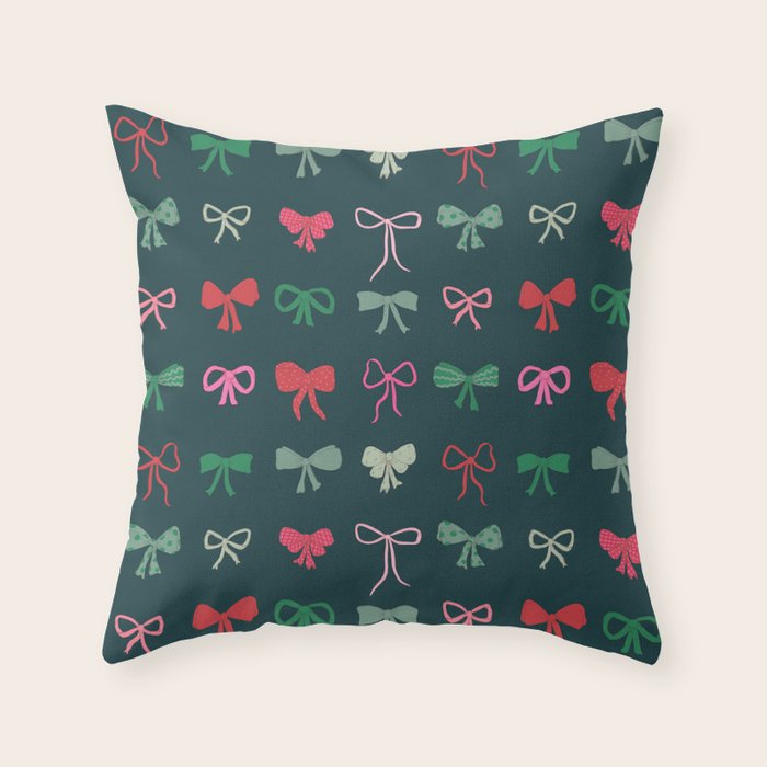 Christmas bows pattern green pink red Throw Pillow Gallery Image 1