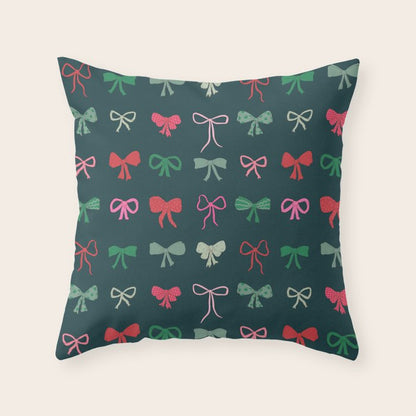 Christmas bows pattern green pink red Throw Pillow Gallery Image 1