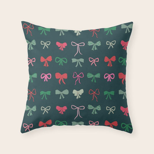 Christmas bows pattern green pink red Throw Pillow Gallery Image 2
