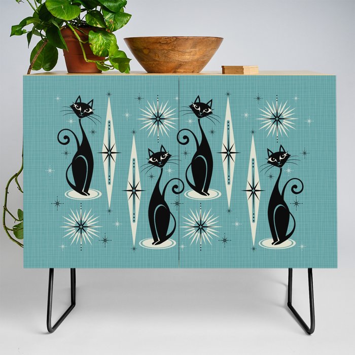 Mid Century Meow Retro Atomic Cats on Blue Credenza Gallery Image 2