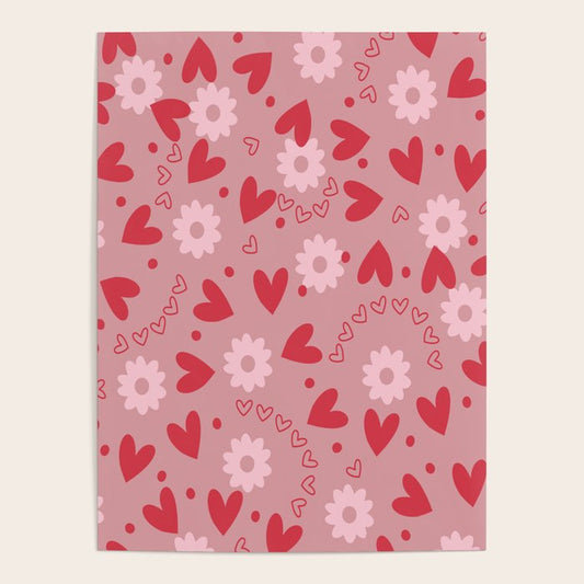 Hearts and Flowers on Tea Rose Pink Poster Gallery Image 1