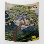 The Downwards Climbing - Summer Tree & Mountain Ukiyoe Nature Landscape in Green Wall Tapestry Gallery Image 1