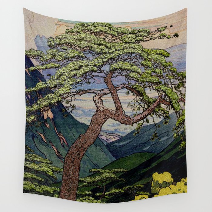 The Downwards Climbing - Summer Tree & Mountain Ukiyoe Nature Landscape in Green Wall Tapestry Gallery Image 3