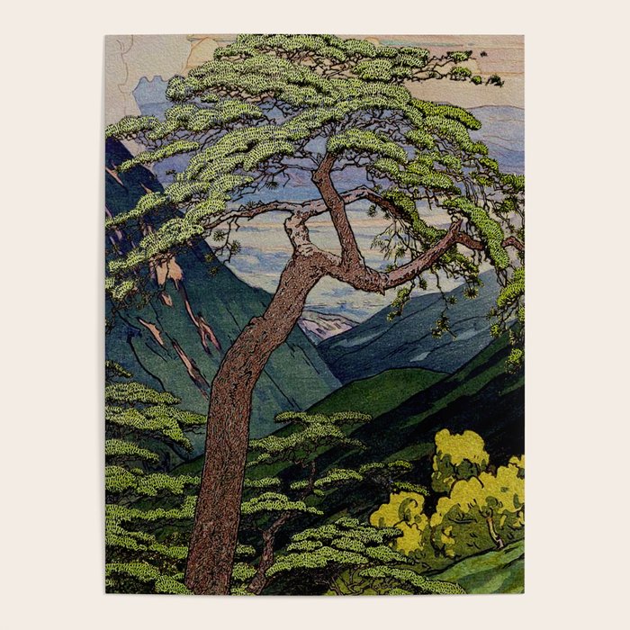 The Downwards Climbing - Summer Tree & Mountain Ukiyoe Nature Landscape in Green Poster Gallery Image 3