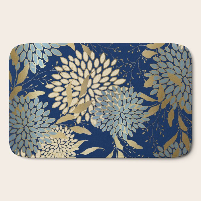 Floral Blooms and Leave, Blue, Navy, Gold, Cream Bath Mat Gallery Image 2