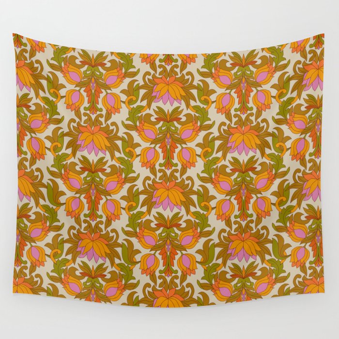 Orange, Pink Flowers and Green Leaves 1960s Retro Vintage Pattern Wall Tapestry Gallery Image 2