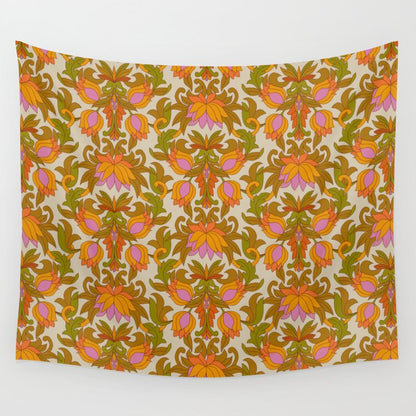 Orange, Pink Flowers and Green Leaves 1960s Retro Vintage Pattern Wall Tapestry Gallery Image 2