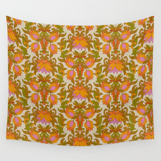 Orange, Pink Flowers and Green Leaves 1960s Retro Vintage Pattern Wall Tapestry Gallery Image 2