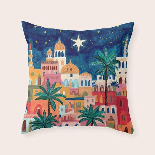 Oriental city under a starry sky in bright colours Throw Pillow Gallery Image 1