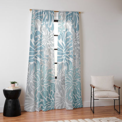 Chic, Flowers Print, Grey, Teal, Turquoise Window Curtain Gallery Image 14