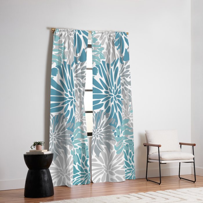Chic, Flowers Print, Grey, Teal, Turquoise Window Curtain Gallery Image 6