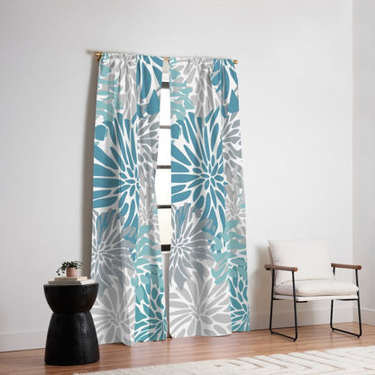 Chic, Flowers Print, Grey, Teal, Turquoise Window Curtain Gallery Image 6