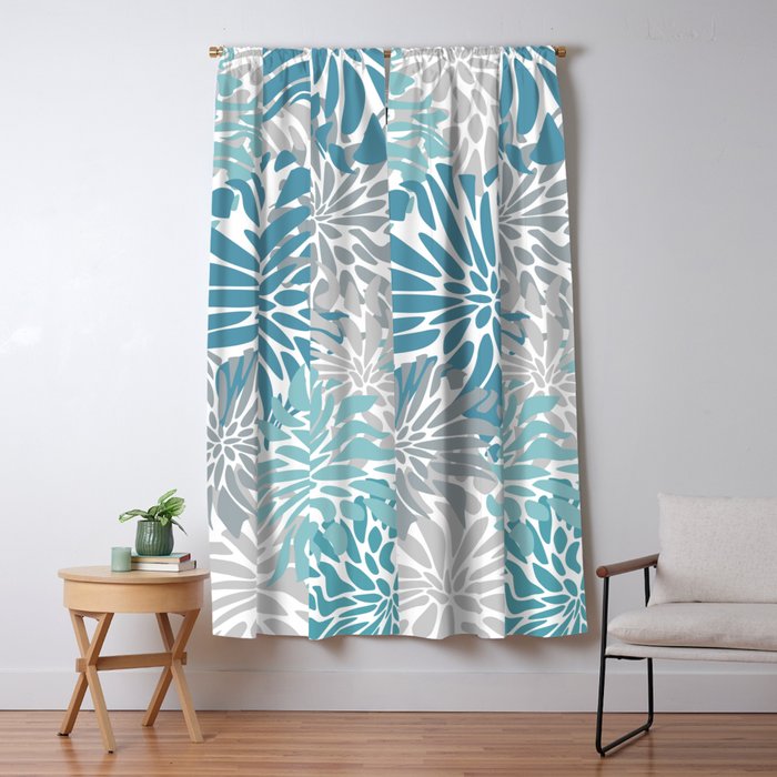 Chic, Flowers Print, Grey, Teal, Turquoise Window Curtain Gallery Image 5