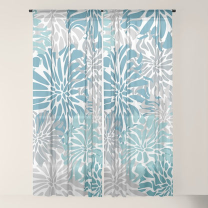 Chic, Flowers Print, Grey, Teal, Turquoise Window Curtain Gallery Image 22