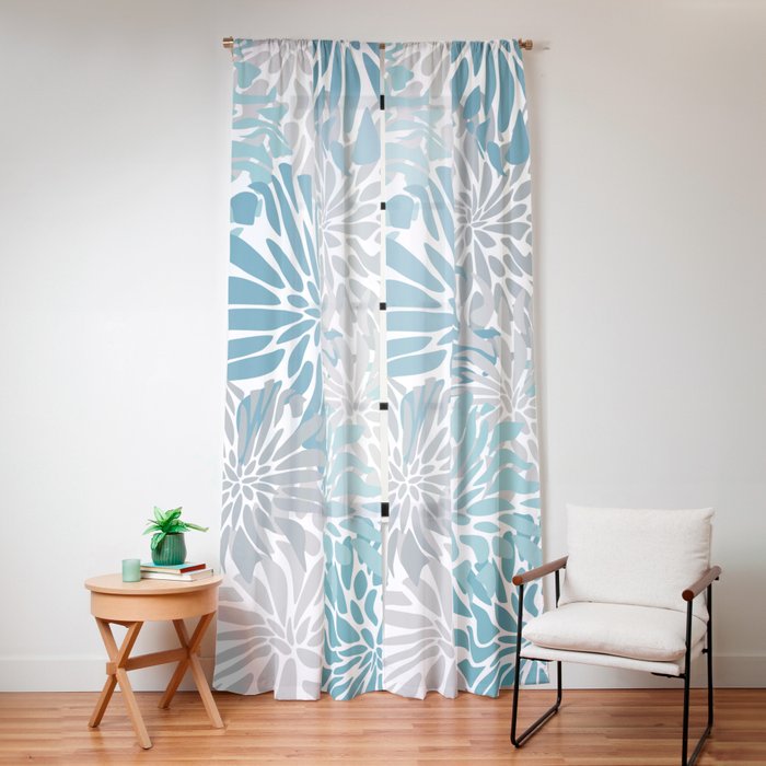 Chic, Flowers Print, Grey, Teal, Turquoise Window Curtain Gallery Image 16