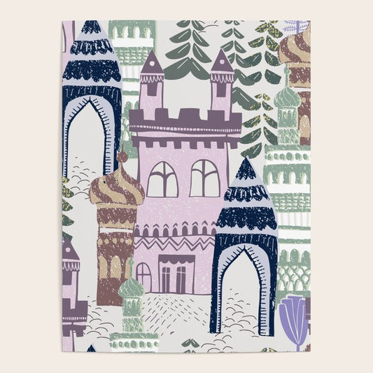 Block print Home pattern lilac Poster Gallery Image 1