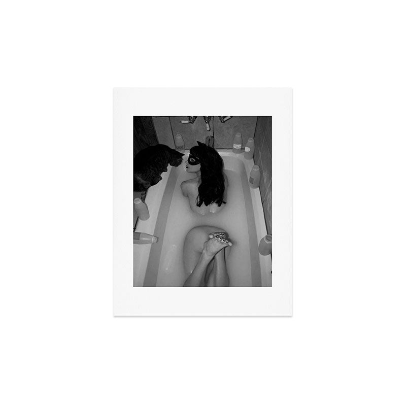 A girl and her cat lapping it up in milk; apartment bathtub nude portrait black and white photograph - photography - photographs Art Print Gallery Image 3