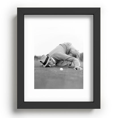 Eye to the ground on the 18th hole; golfing man eyes ball to measure distance to hole vintage black and white portrait photograph - photography - photographs poster Framed Art Print Gallery Image 80