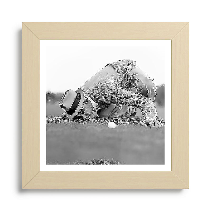 Eye to the ground on the 18th hole; golfing man eyes ball to measure distance to hole vintage black and white portrait photograph - photography - photographs poster Framed Art Print Gallery Image 68