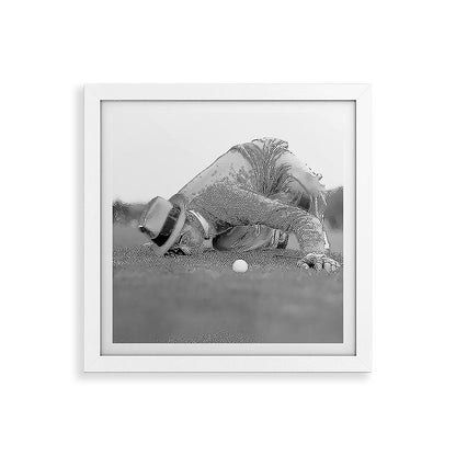 Eye to the ground on the 18th hole; golfing man eyes ball to measure distance to hole vintage black and white portrait photograph - photography - photographs poster Framed Art Print Gallery Image 82