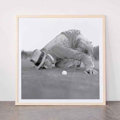 Eye to the ground on the 18th hole; golfing man eyes ball to measure distance to hole vintage black and white portrait photograph - photography - photographs poster Framed Art Print Gallery Image 77