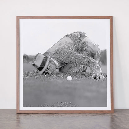Eye to the ground on the 18th hole; golfing man eyes ball to measure distance to hole vintage black and white portrait photograph - photography - photographs poster Framed Art Print Gallery Image 66