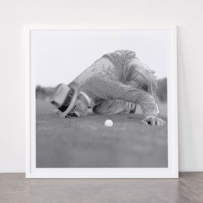 Eye to the ground on the 18th hole; golfing man eyes ball to measure distance to hole vintage black and white portrait photograph - photography - photographs poster Framed Art Print Gallery Image 87
