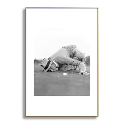 Eye to the ground on the 18th hole; golfing man eyes ball to measure distance to hole vintage black and white portrait photograph - photography - photographs poster Framed Art Print Gallery Image 128