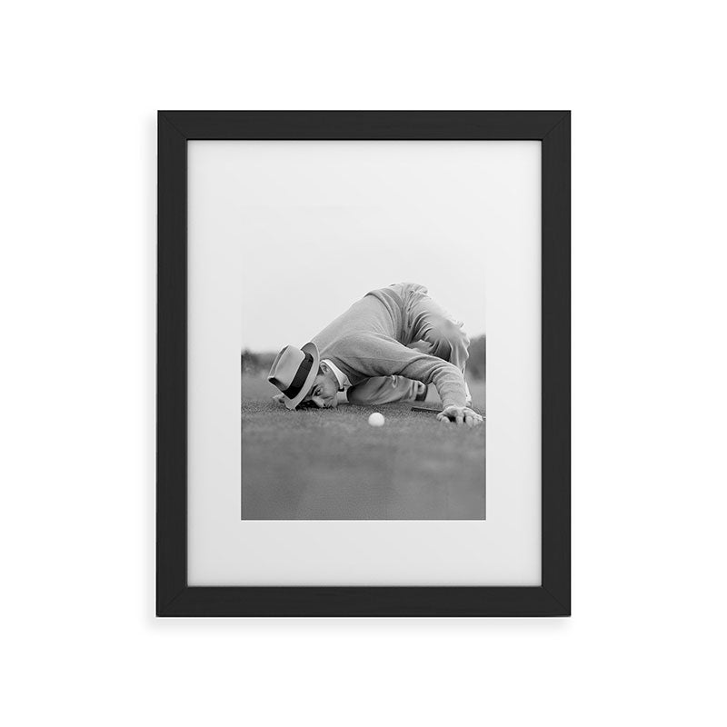 Eye to the ground on the 18th hole; golfing man eyes ball to measure distance to hole vintage black and white portrait photograph - photography - photographs poster Framed Art Print Gallery Image 44