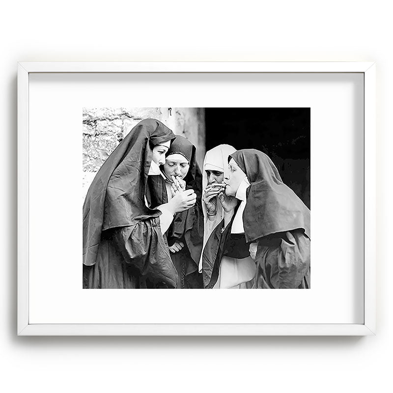 Nuns smoking black and white photograph - photography - photographs portrait for home and wall decor Framed Art Print Gallery Image 108