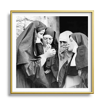 Nuns smoking black and white photograph - photography - photographs portrait for home and wall decor Framed Art Print Gallery Image 133
