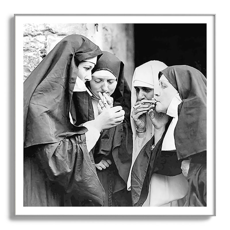 Nuns smoking black and white photograph - photography - photographs portrait for home and wall decor Framed Art Print Gallery Image 142
