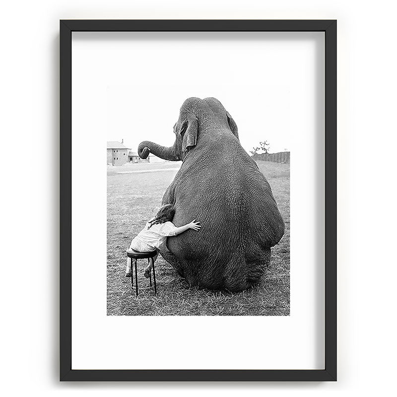 Odd Best Friends, Sweet Little Girl hugging elephant black and white photograph Framed Art Print Gallery Image 84