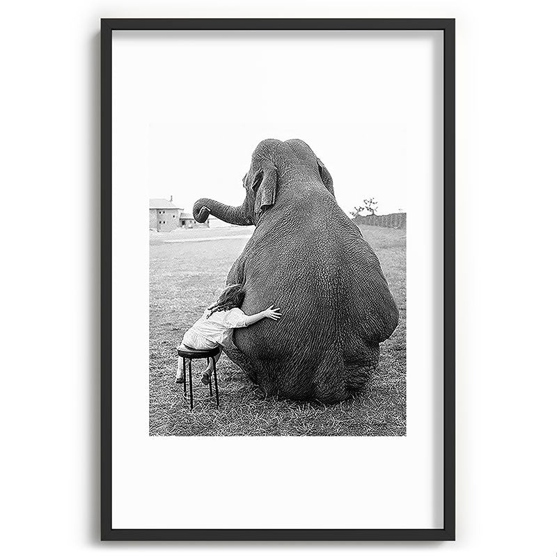 Odd Best Friends, Sweet Little Girl hugging elephant black and white photograph Framed Art Print Gallery Image 85