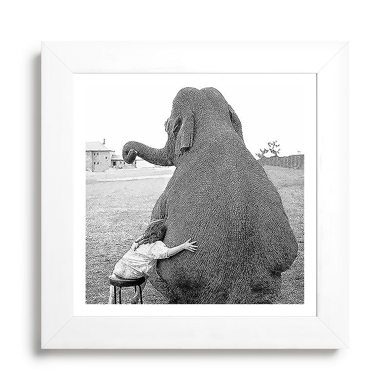 Odd Best Friends, Sweet Little Girl hugging elephant black and white photograph Framed Art Print Gallery Image 79