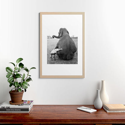Odd Best Friends, Sweet Little Girl hugging elephant black and white photograph Framed Art Print Gallery Image 65
