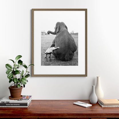Odd Best Friends, Sweet Little Girl hugging elephant black and white photograph Framed Art Print Gallery Image 58
