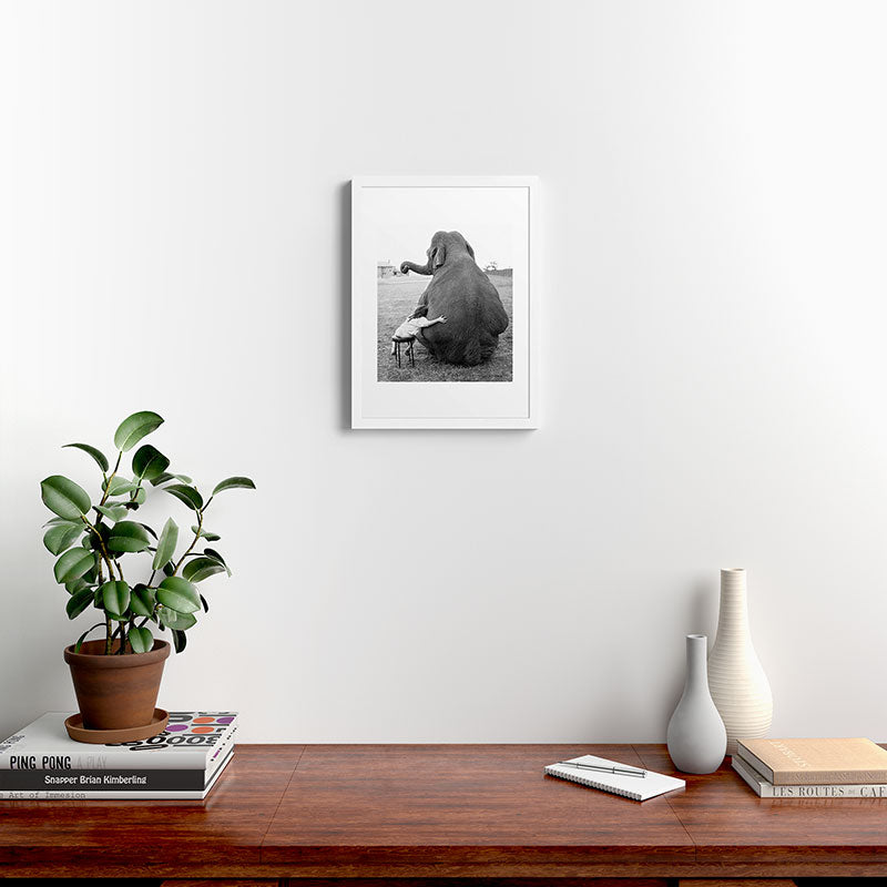 Odd Best Friends, Sweet Little Girl hugging elephant black and white photograph Framed Art Print Gallery Image 32